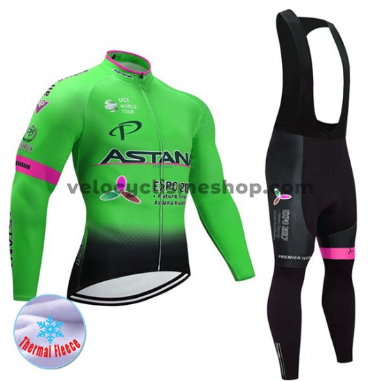 Tenue Maillot M/L + Collant à Bretelles 2017 Astana Pro Team Femmes Hiver Thermal Fleece M002