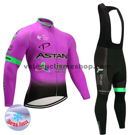 Tenue Maillot M/L + Collant à Bretelles 2017 Astana Pro Team Femmes Hiver Thermal Fleece M003
